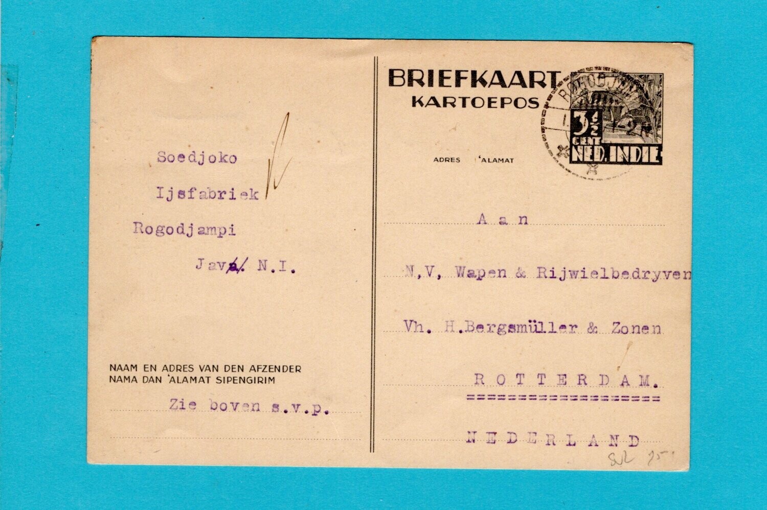 NETHERLANDS EAST INDIES postal card 1937 Rogodjampi