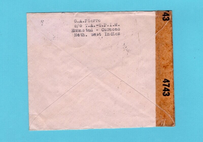 CURAÇAO censuur lp brief 1943 Curaçao naar USA