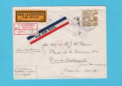 CURAÇAO R lp brief 1934 Willemstad met 2,8Gld naar Spanje