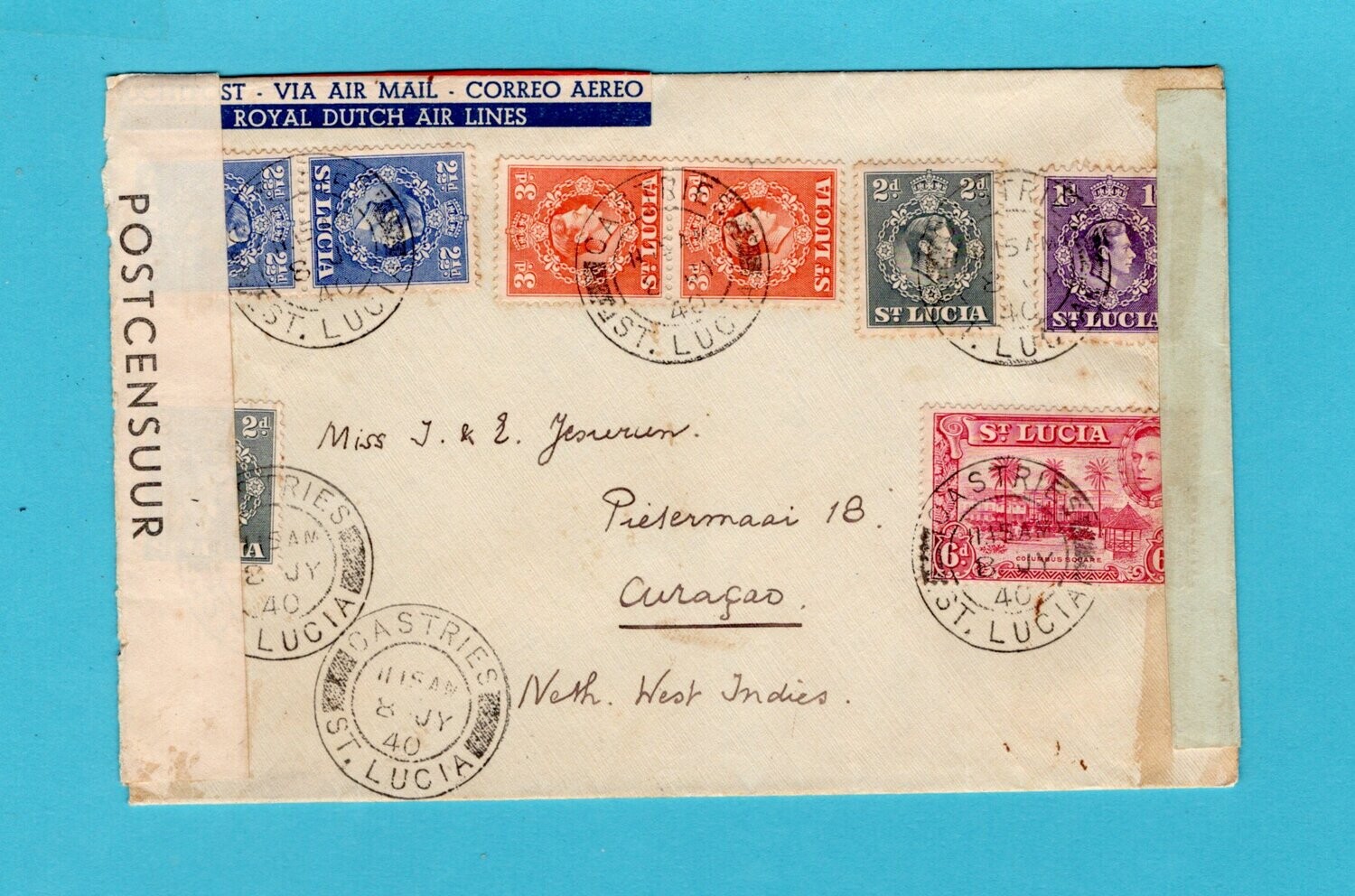 ST LUCIA air double censored cover 1940 Castries to Curaçao