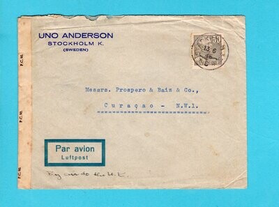 SWEDEN censored airmail cover 1945 Stockholm to Curaçao
