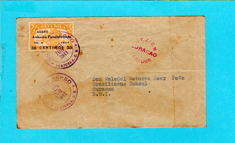 COSTA RICA censored air cover 1941 Alajuela to Curaçao