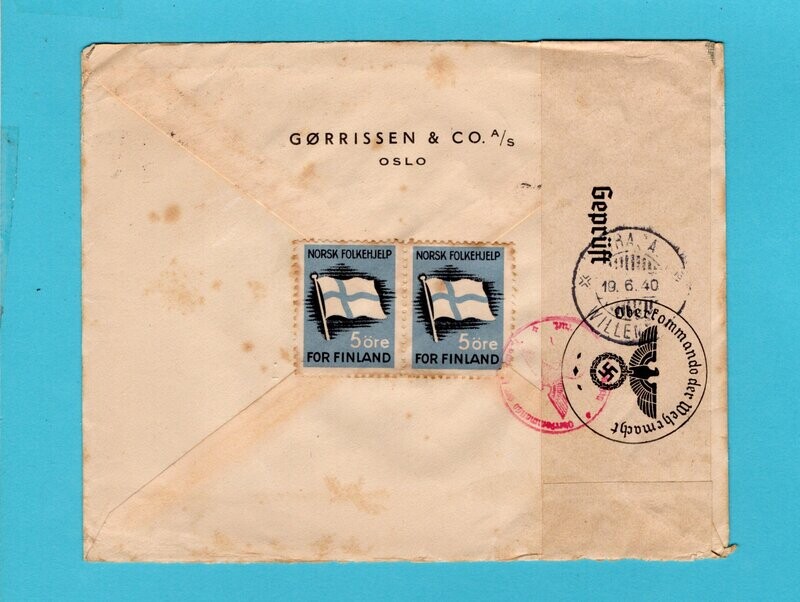 NORWAY censored cover 1940 Oslo to Curaçao