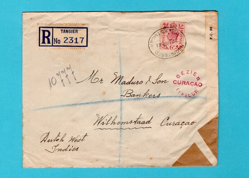 TANGIER censored R cover 1941 to Curaçao