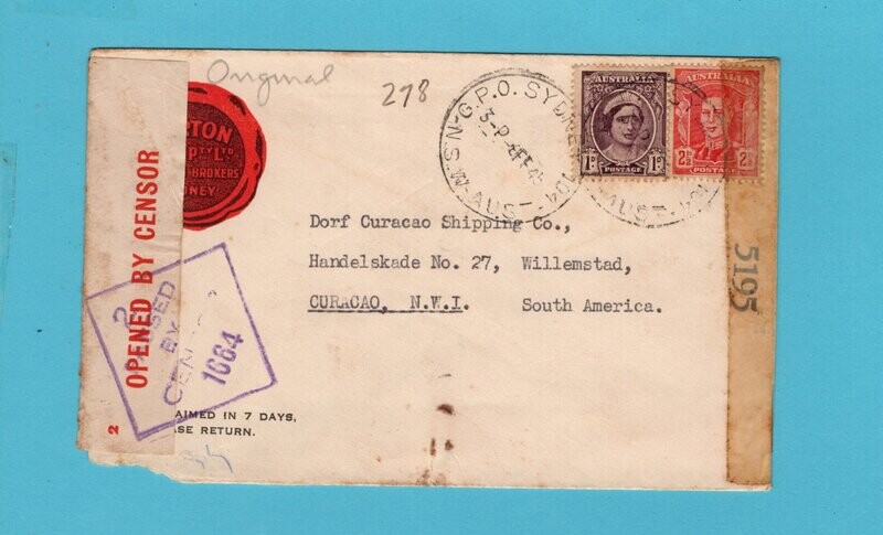 AUSTRALIA censored cover 1945 to Curaçao