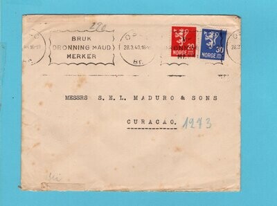 NORWAY censored cover 1940 Oslo to Curaçao