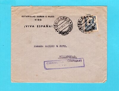SPAIN censored cover 1939 Vigo to Curaçao