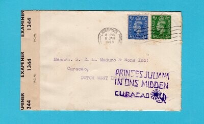 ENGLAND censored cover 1944 Liverpool to Curaçao
