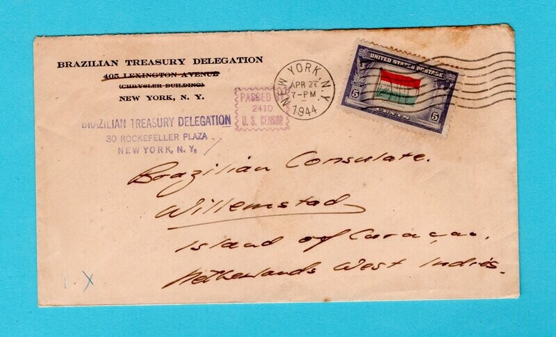 USA censored consular cover 1944 New York to Curaçao