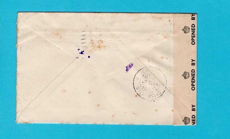 ENGLAND censored cover 1944 Liverpool to Curaçao