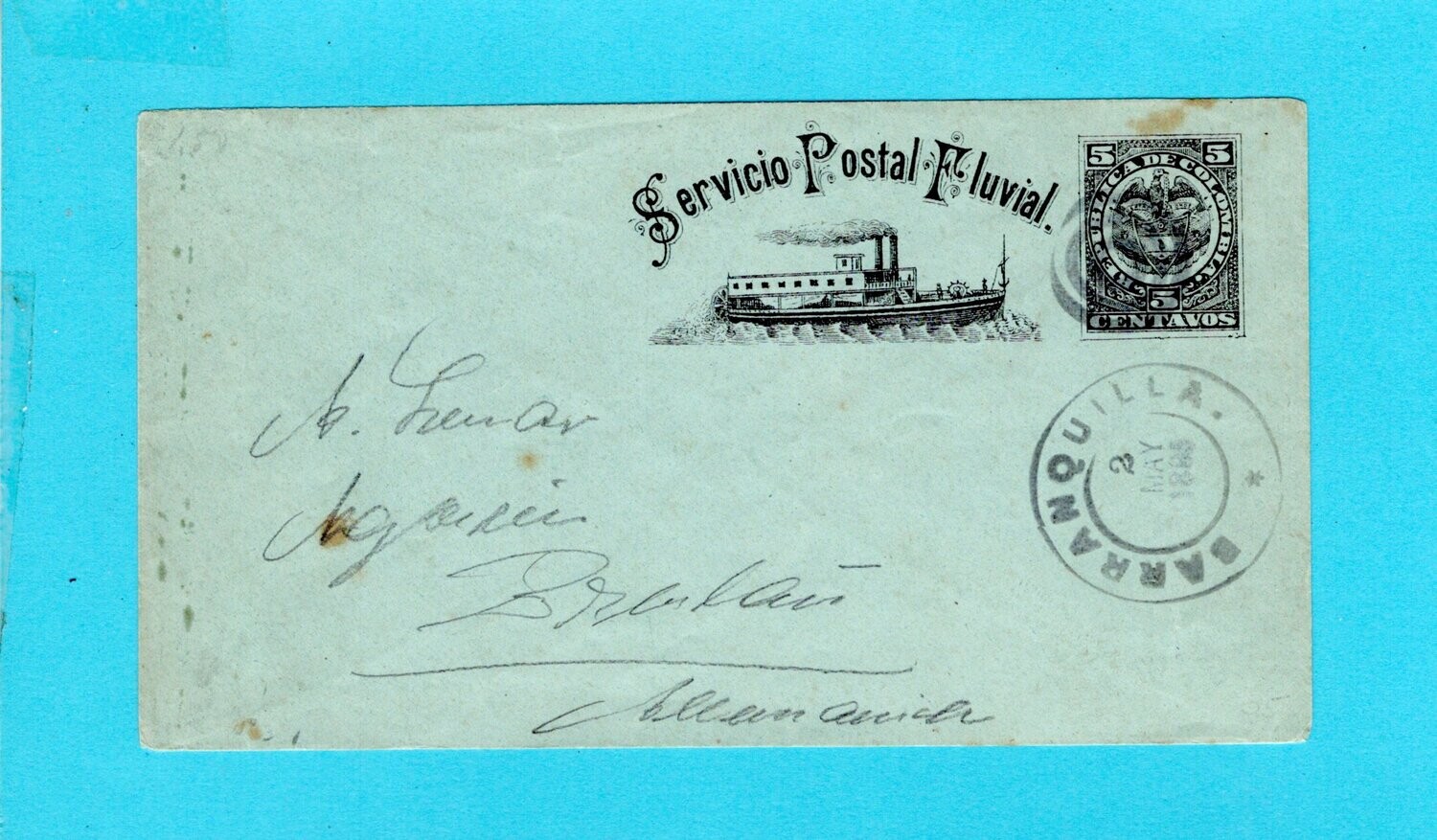 COLOMBIA postal envelope 1895 Barranquilla to Germany