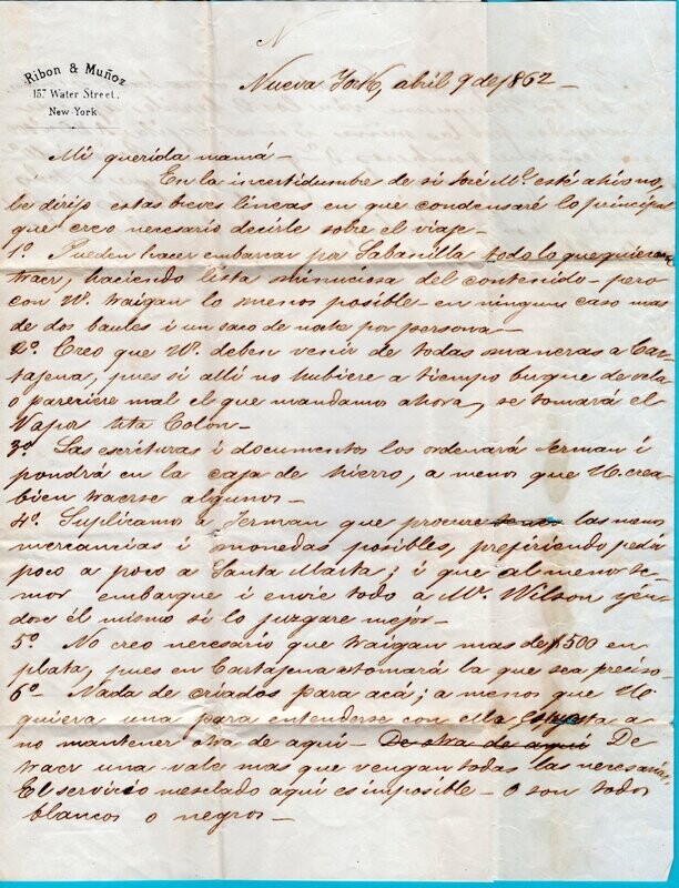 COLOMBIA forwarding letter 1862 New York to Mompos