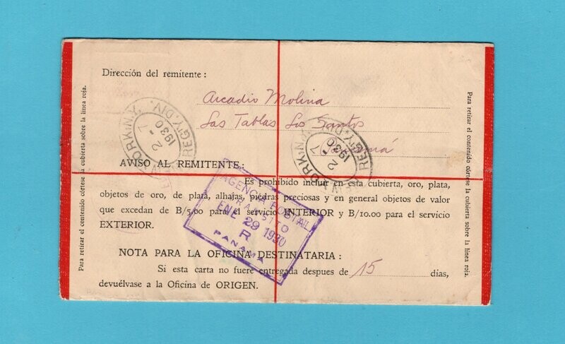 PANAMA R postal envelope 1930 Las Tablas to New York
