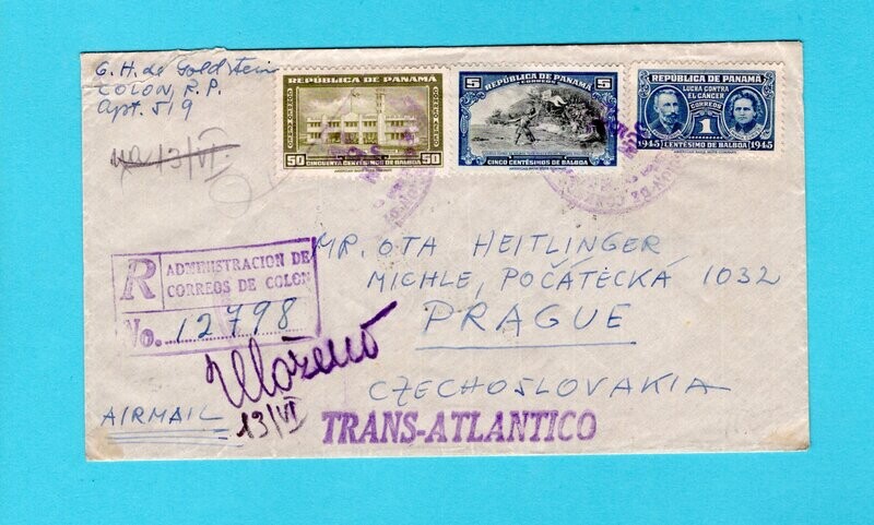 PANAMA R air cover 3-VI-1945 Colon to Czech returned 1946