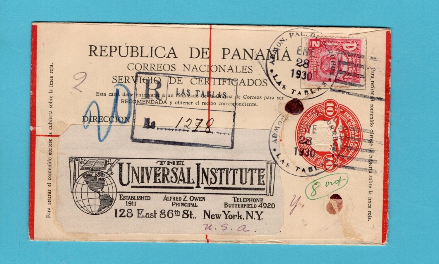 PANAMA R postal envelope 1930 Las Tablas to New York