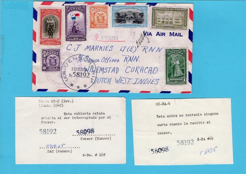 PANAMA censored cover 1944 to Curaçao with 2 notes censor
