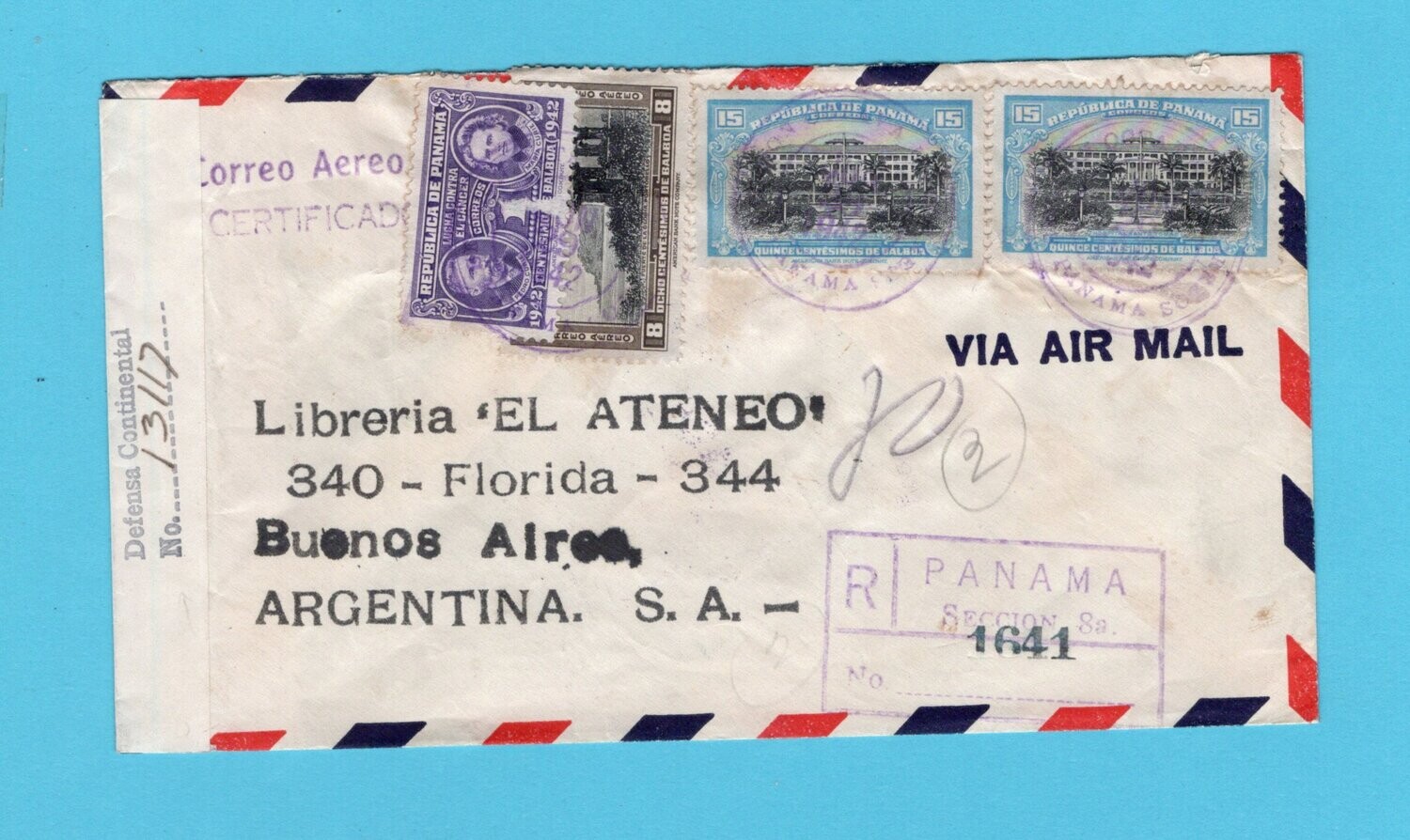 PANAMA censored R air cover 1942 Panama to Argentina