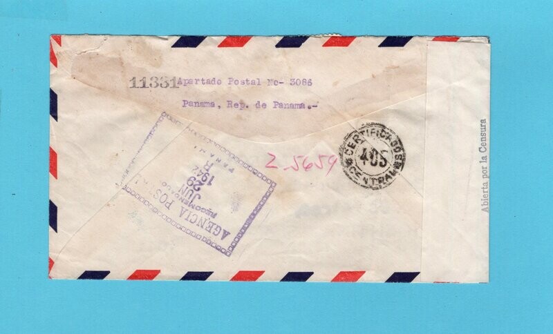 PANAMA censored R air cover 1942 Panama to Argentina