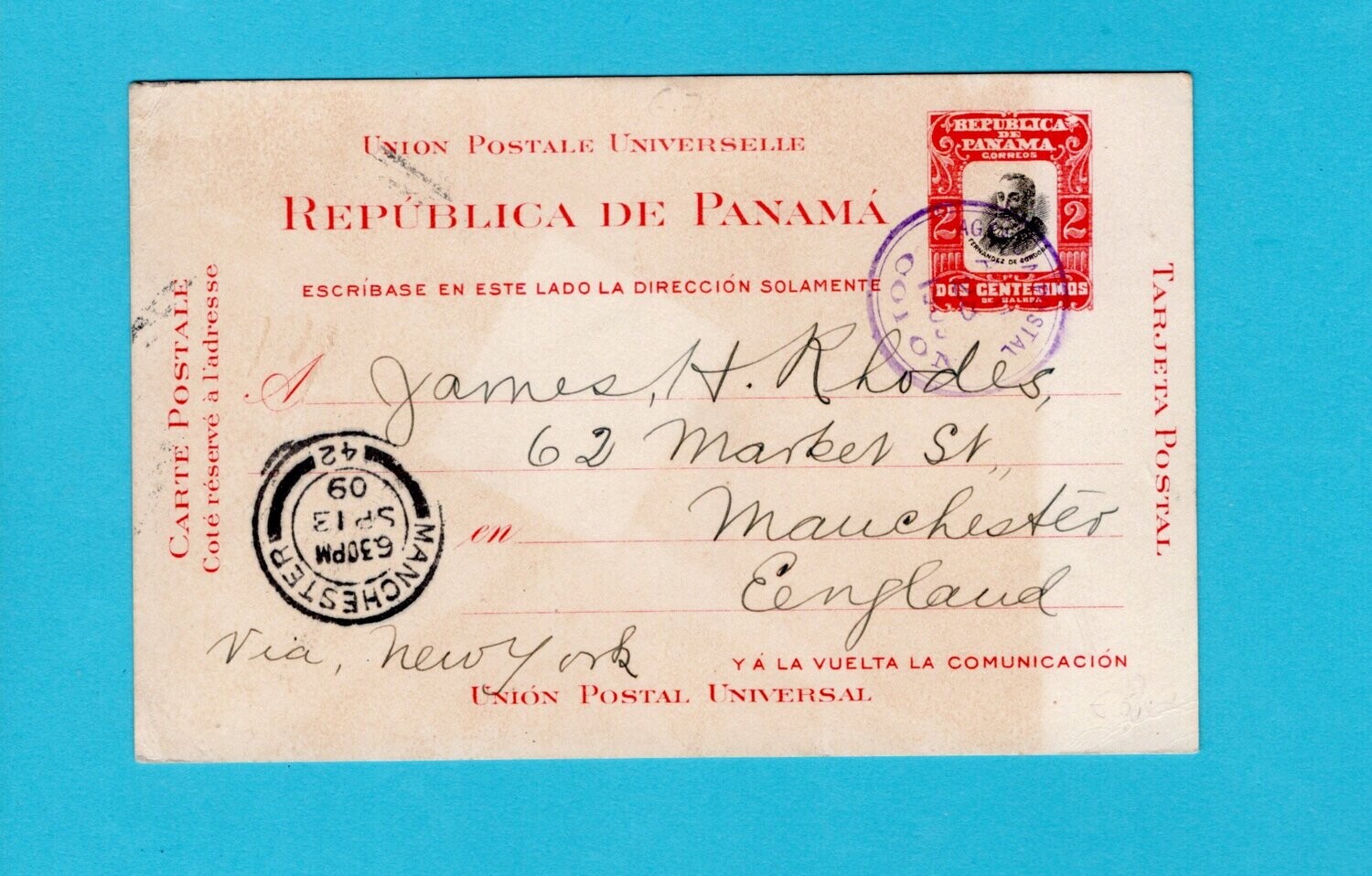 PANAMA postal card 1909 Colon to England