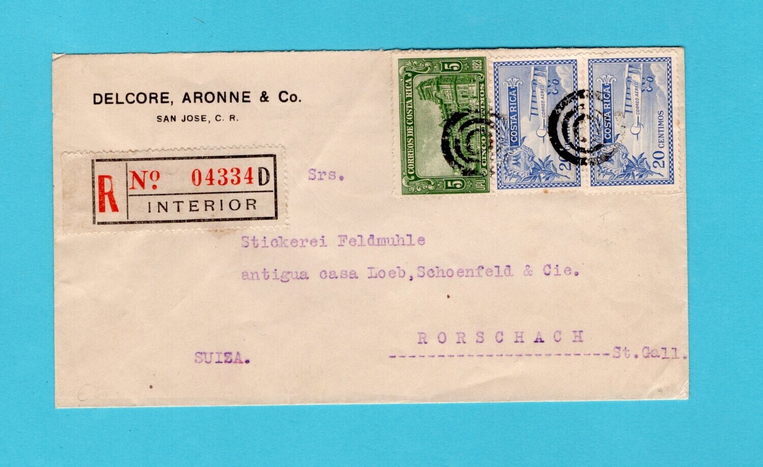 COSTA RICA R airmail cover 1928 San José to Switzerland