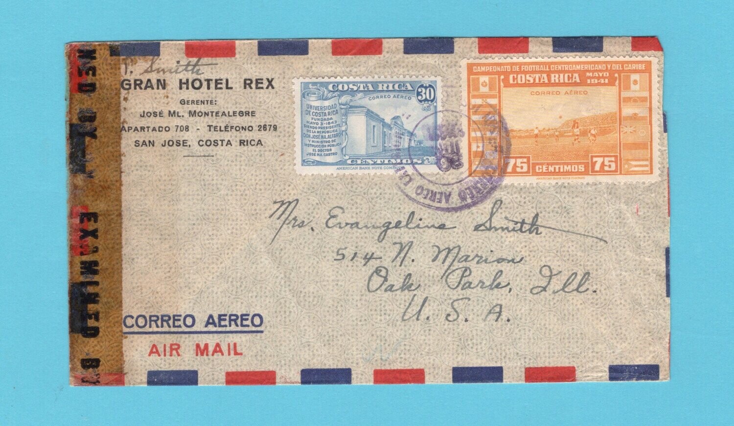 COSTA RICA censor air cover 1943 San Jose to USA