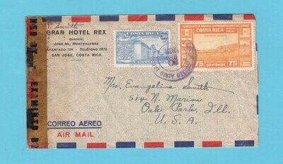 COSTA RICA censor air cover 1943 San Jose to USA