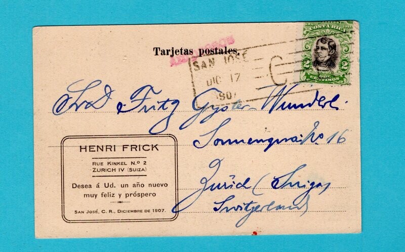 COSTA RICA PPC Rio Sixola 1907 San José to Switzerland