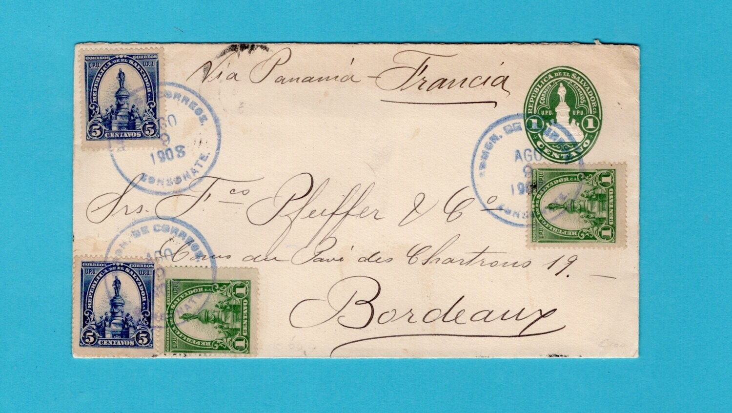 El Salvador uprated postal envelope1908 Sonsonate to France