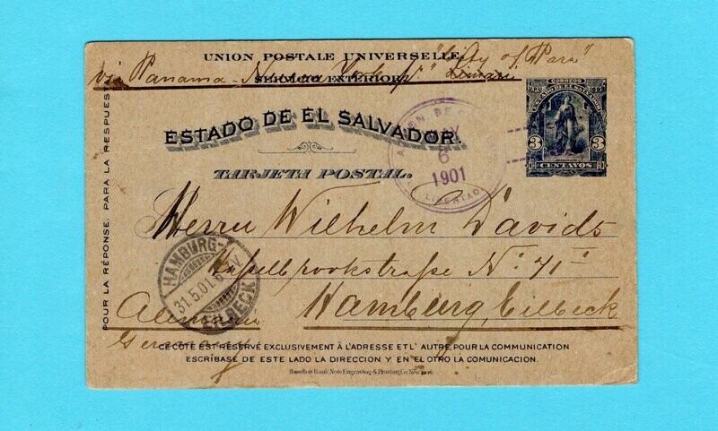 EL SALVAOR postal card 1901 La Libertad to Germany