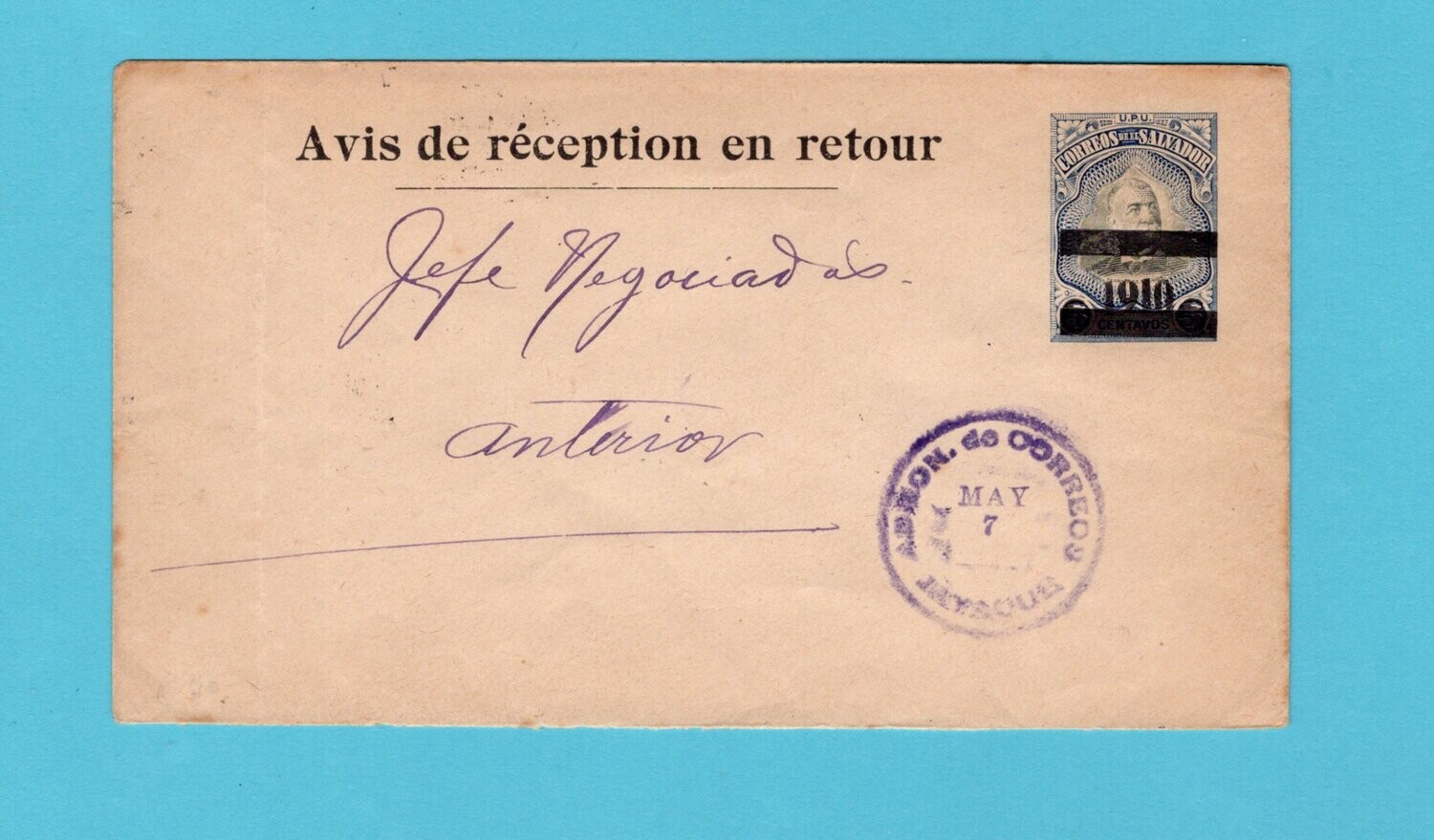 El Salvador postal envelop 1912 Jayaque to San Salvador