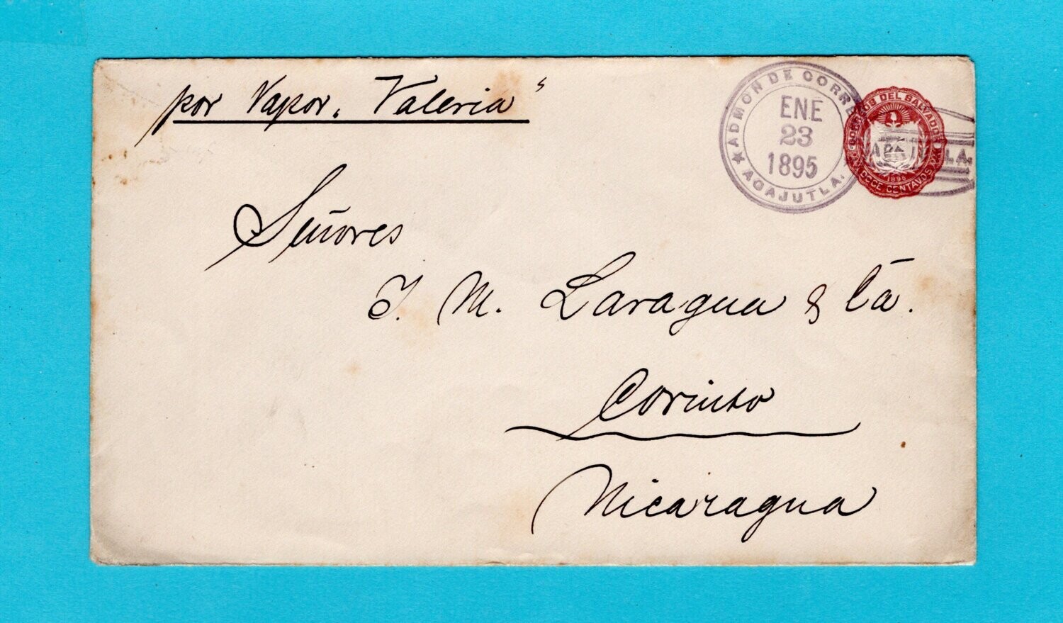 El Salvador postal envelope 1895 Acajutla to Nicaragua