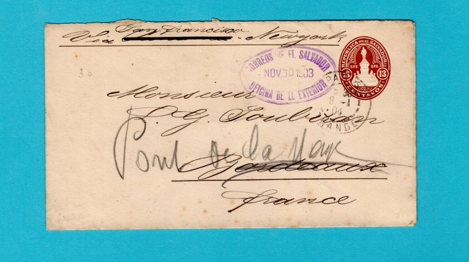 EL SALVADOR postal envelop 1903 San Salvador to France