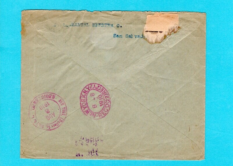 EL SALVADOR AR cover 1910 San Salvador to USA