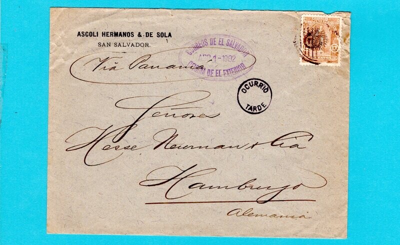 El Salvador cover 1902 San Salvador to Germany "Ocurrio Tarde"