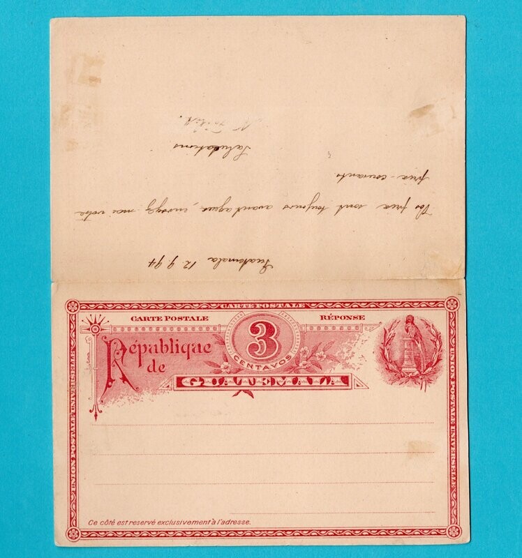 GUATEMALA postal card with reply 1894 to Montenegro