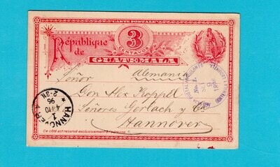 GUATEMALA postal card 1896 Ag Ambulante No.1 to Germany
