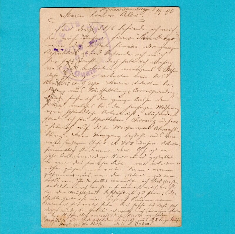 GUATEMALA postal card 1896 Ag Ambulante No.1 to Germany