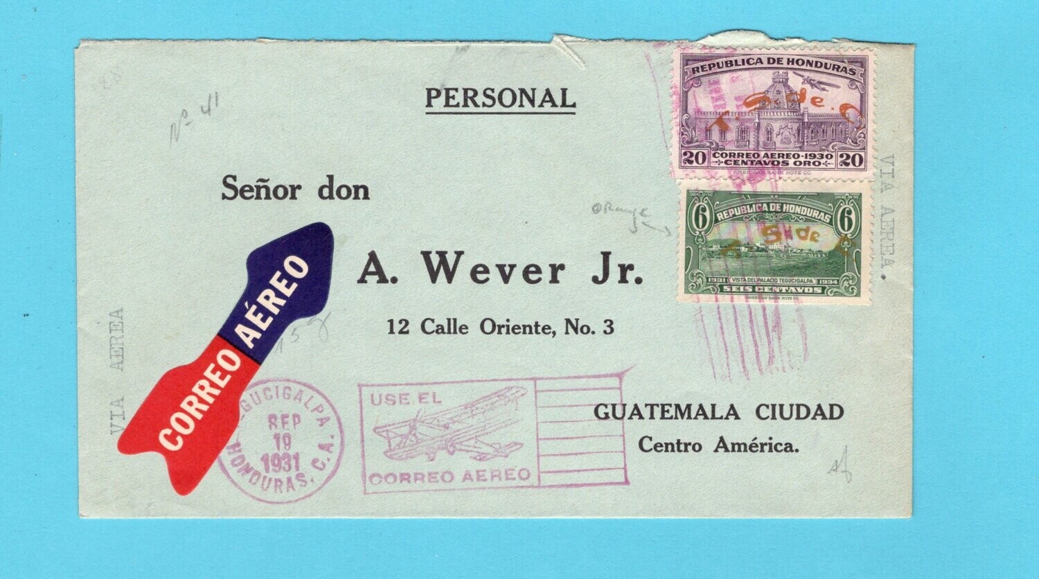 HONDURAS air cover 1931 Tegucigalpa to Guatemala