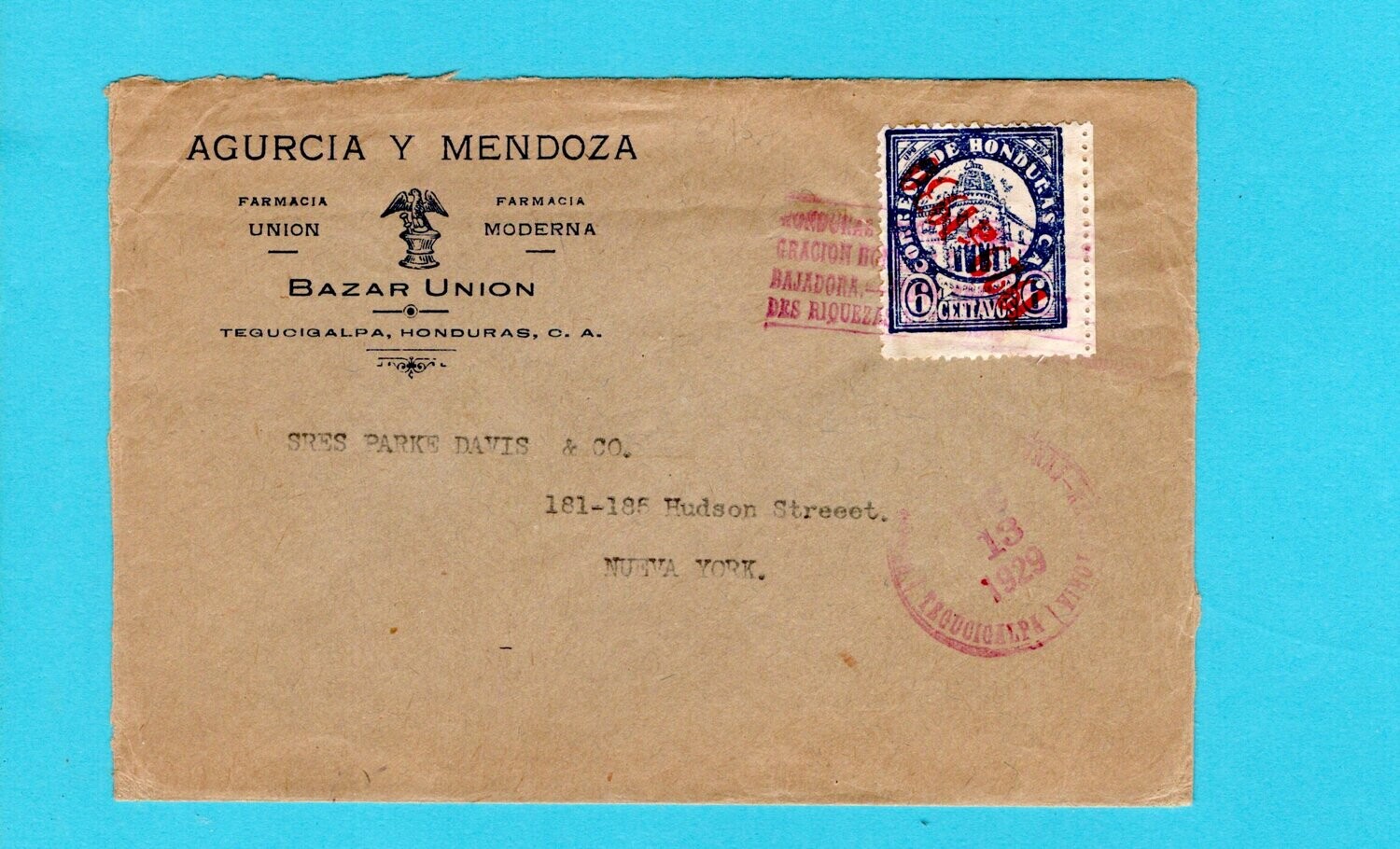 HONDURAS cover 1929 Tegucigalpa to USA