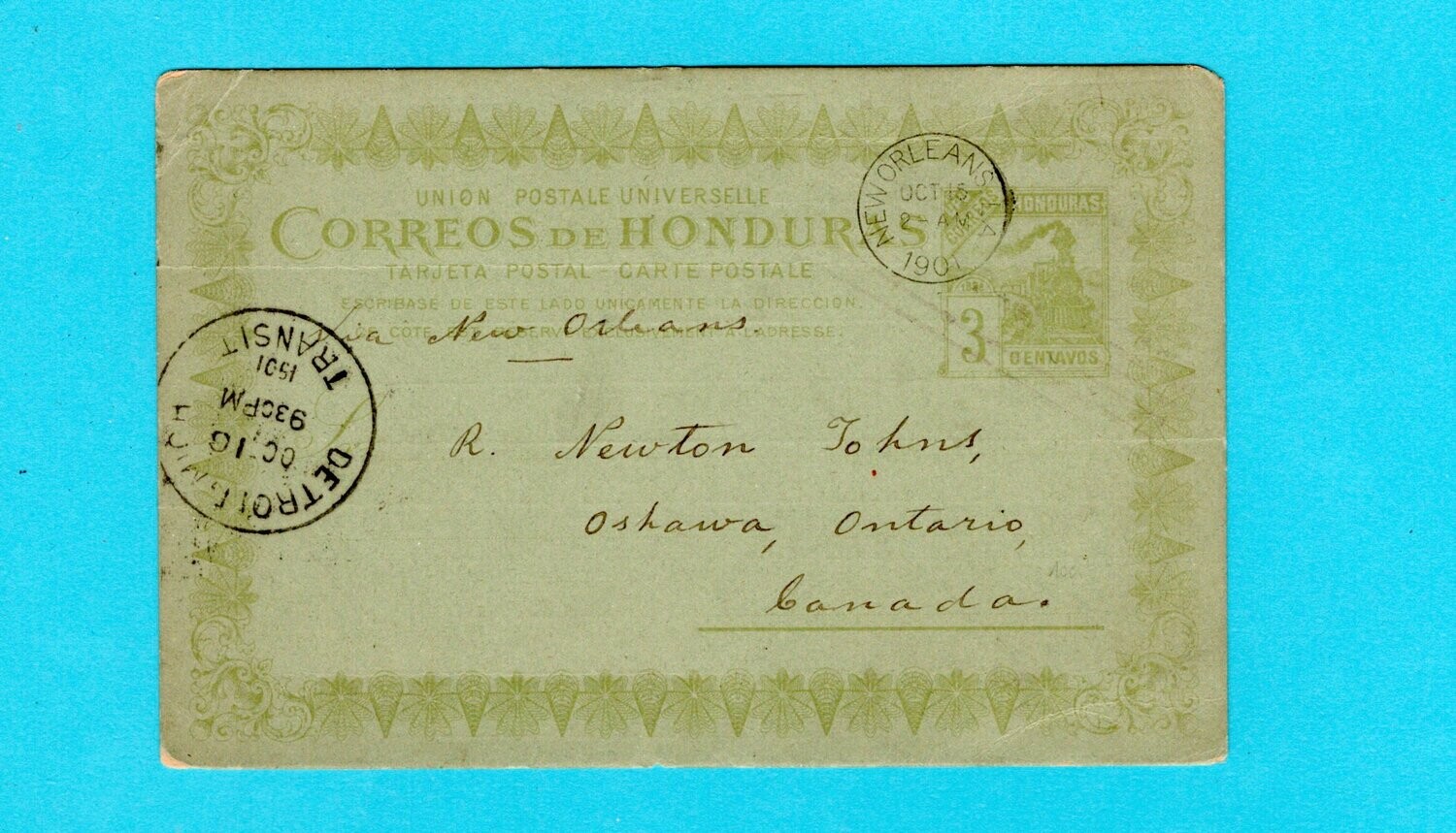 HONDURAS postal card 1901 Sn Pedro Sula shipcancel to Canada