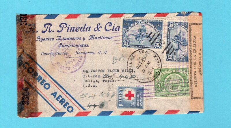 HONDURAS double censored air cover 1944 Puerto Cortes to USA