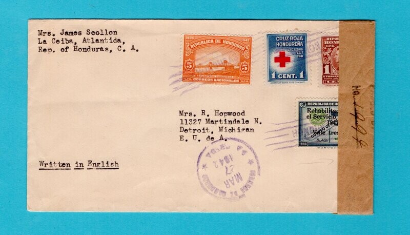HONDURAS censor cover 1942 La Ceiba to USA
