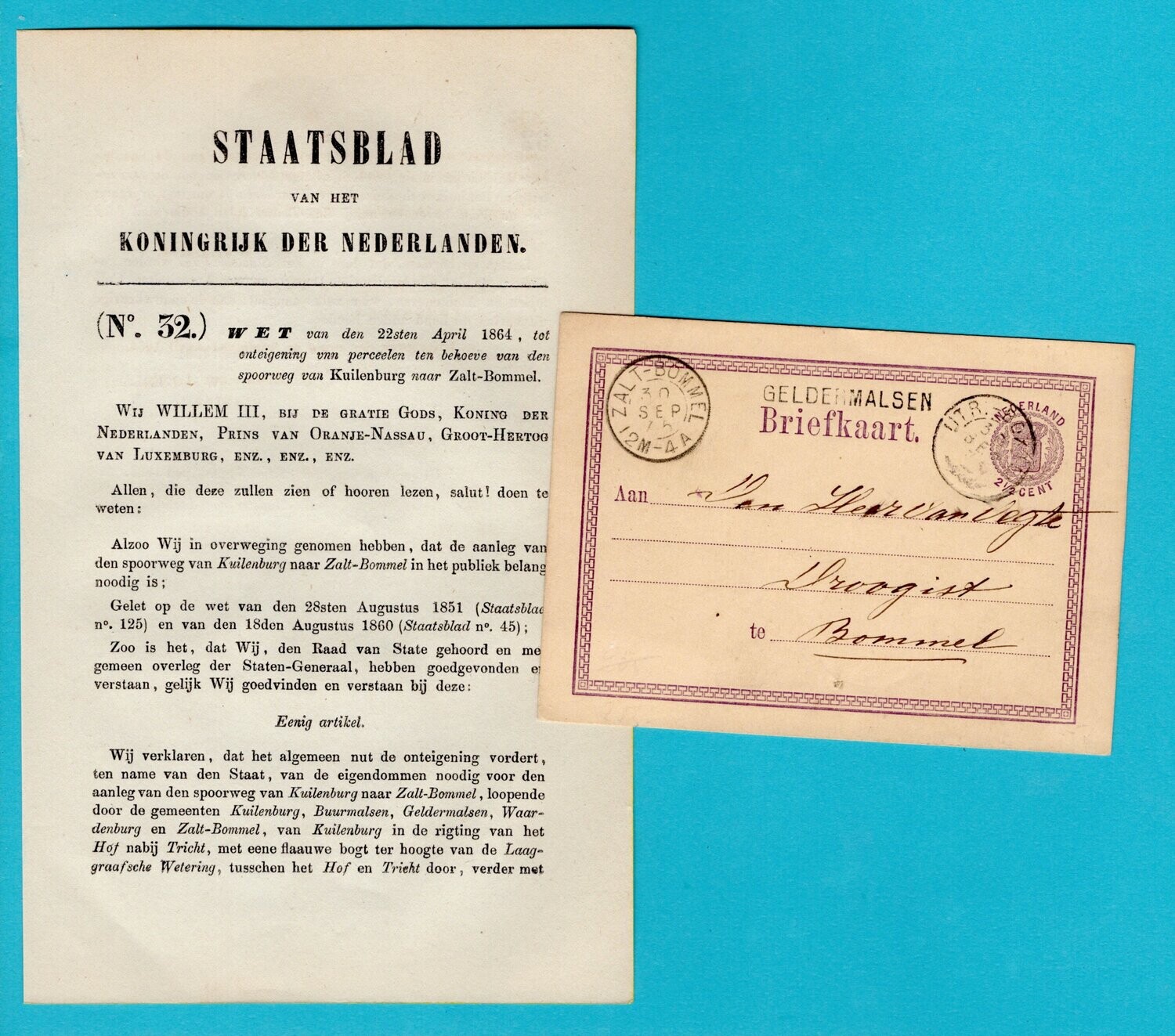 NEDERLAND briefkaart 1875 Geldermalsen +staatsblad spoorlijn