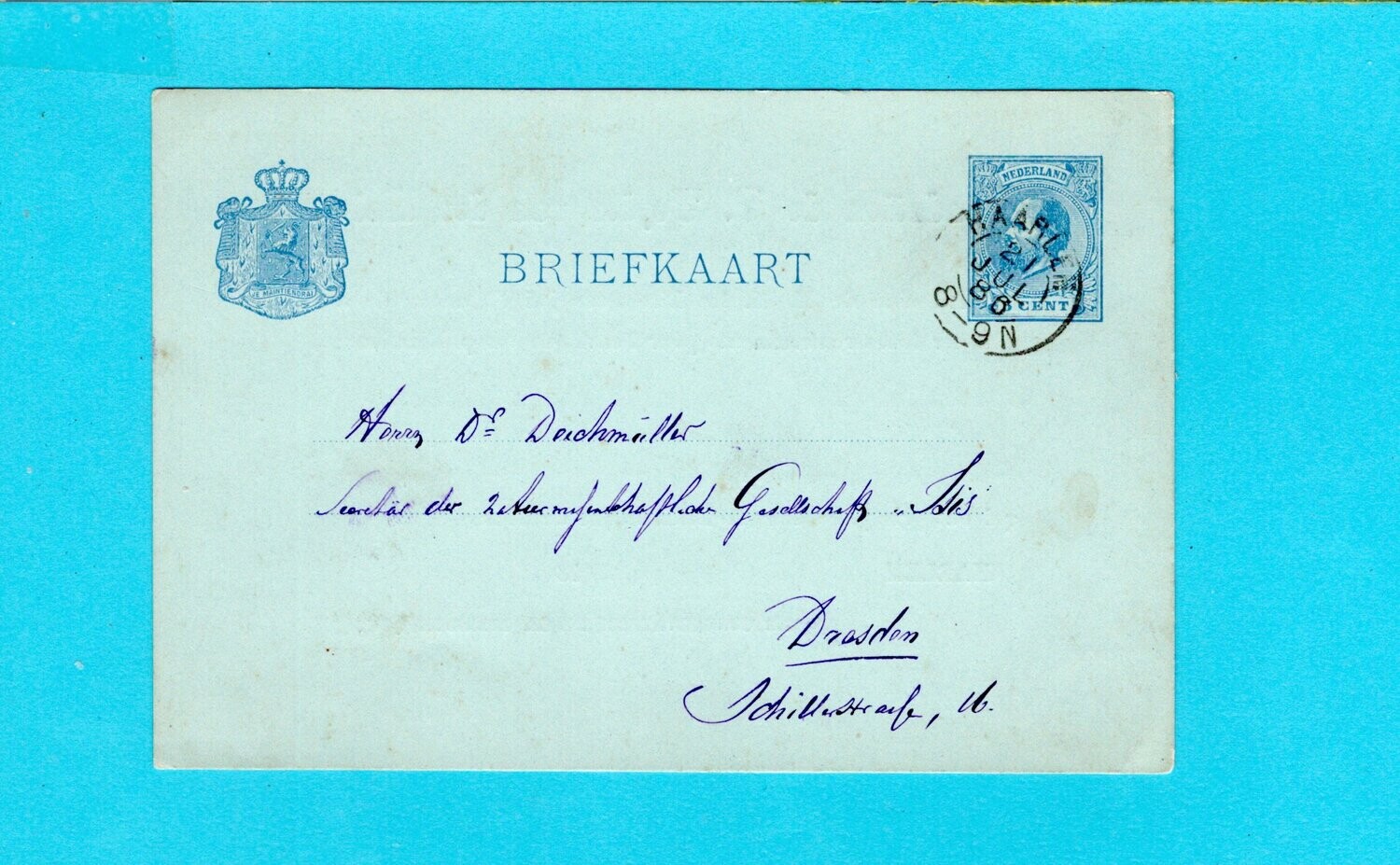 NEDERLAND briefkaart 1886 Haarlem privé bedrukking Teyler museum