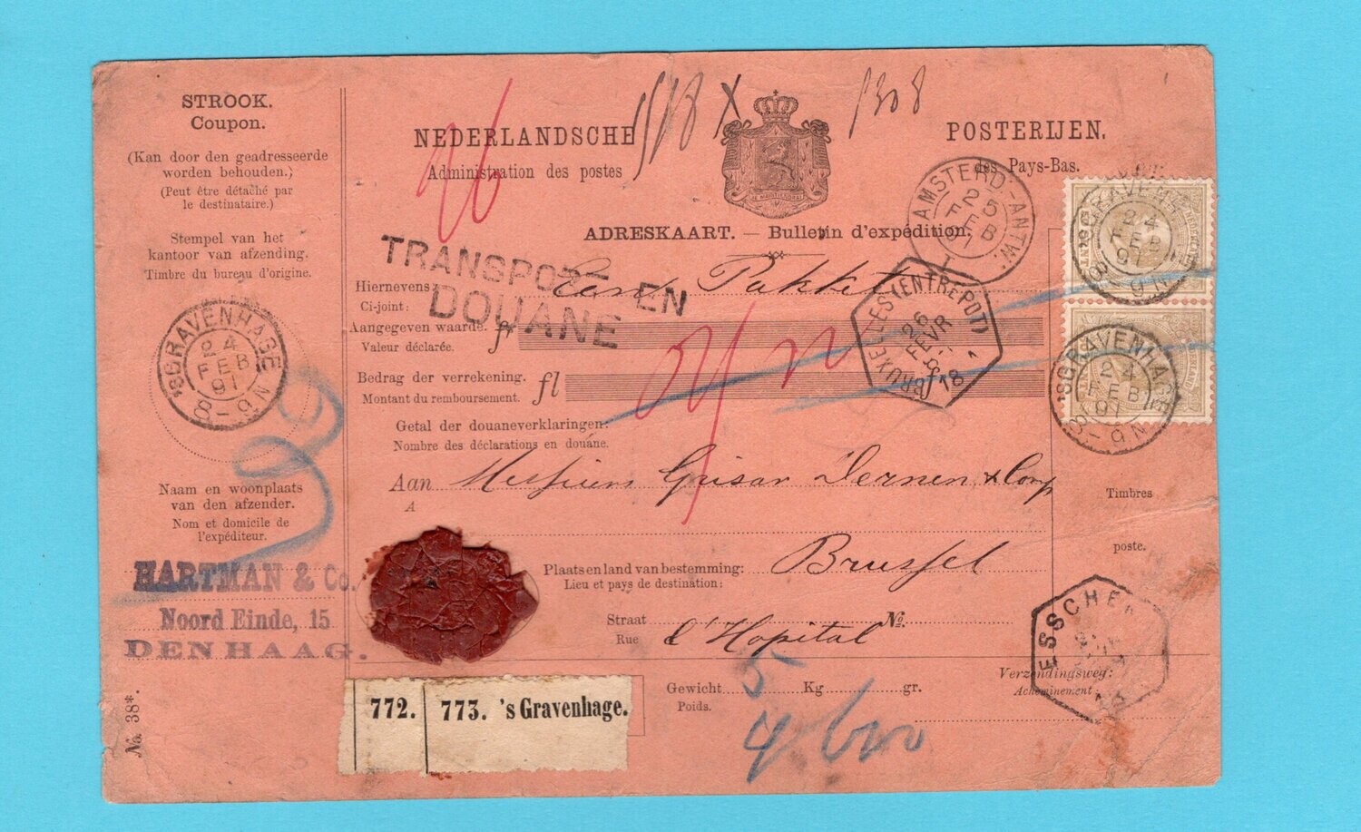 NEDERLAND pakketkaart 1891 &#39;s Gravenhage naar België