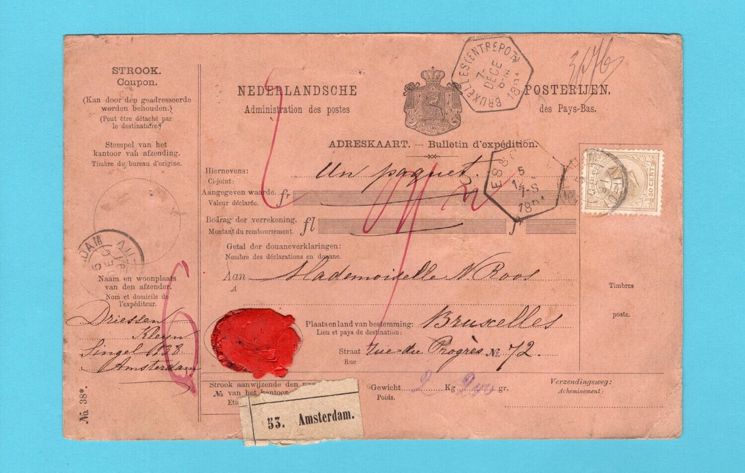 NEDERLAND pakketkaart 1891 Amsterdam naar België