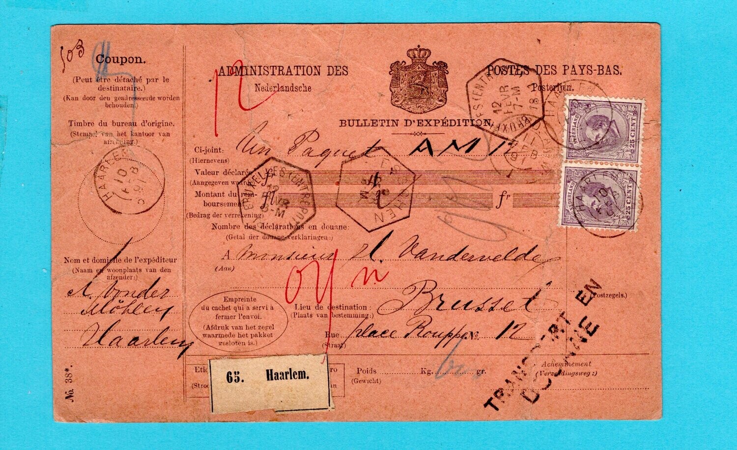 NEDERLAND pakketkaart 1891 Haarlem naar België