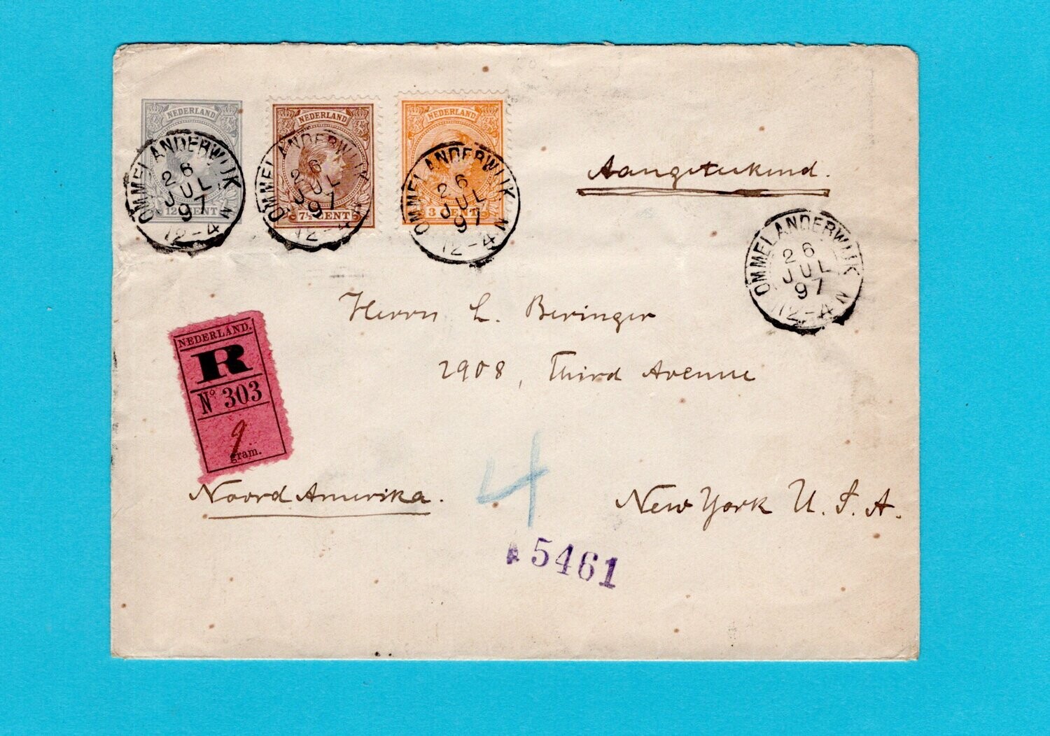 NEDERLAND R envelop 1897 Ommelanderwijk naar USA