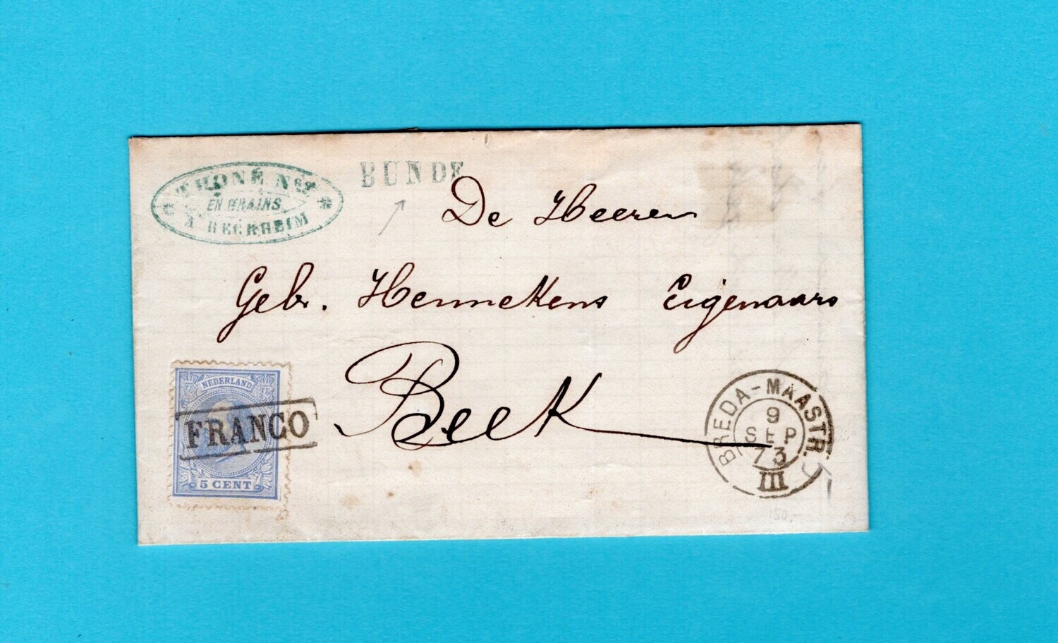 NEDERLAND brief 1873 Bunde en treinstempel Breda-Maastricht