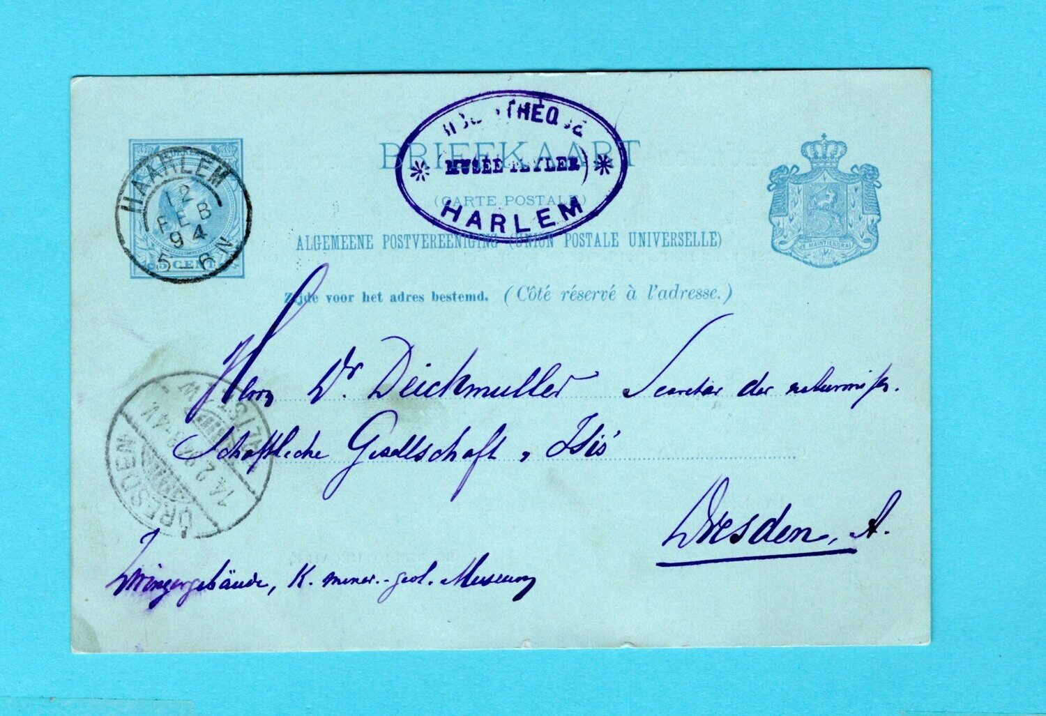 NEDERLAND briefkaart 1894 Haarlem privé bedrukking Teyler museum